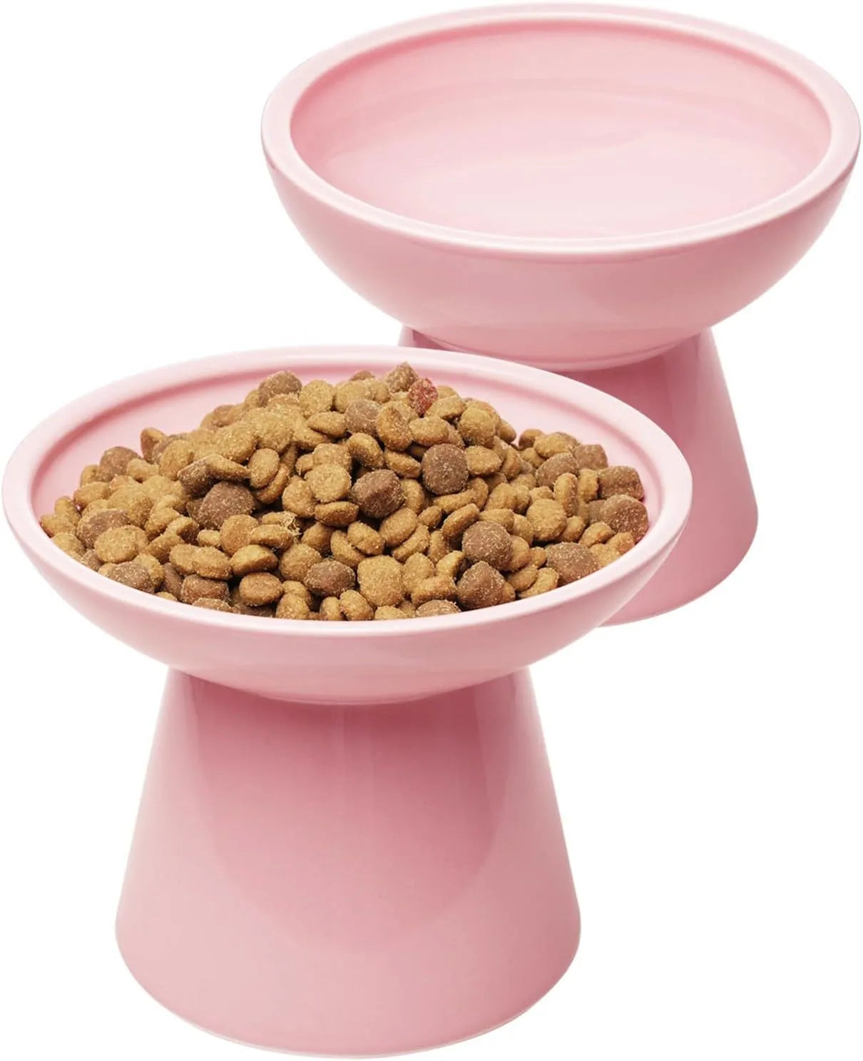 Extra wide elevated ceramic cat food bowl in blue green pink or white with shallow 16cm dish for whisker fatigue relief