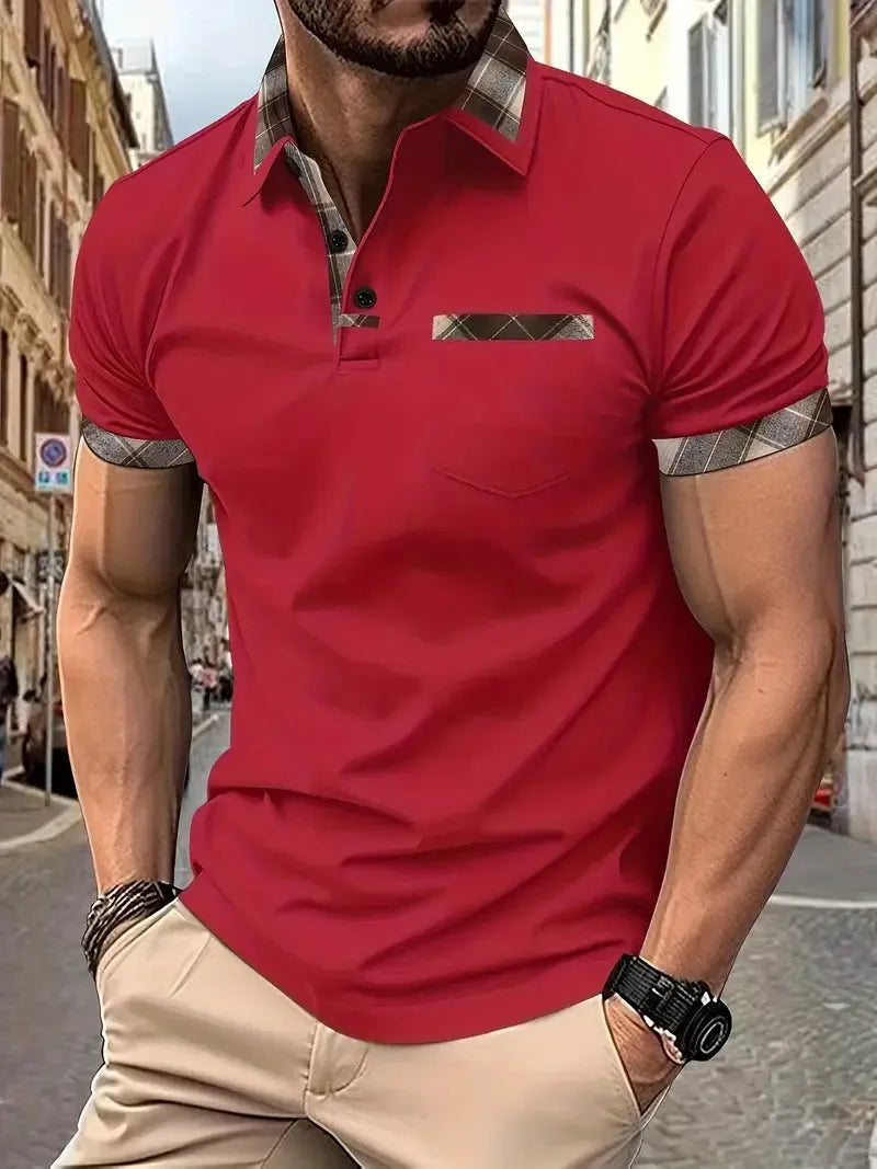 Men's plaid colourblock t-shirt with short sleeves and zipper decoration details