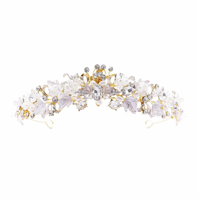 Alloy pearl crown headdress with electroplated gold finish for formal events