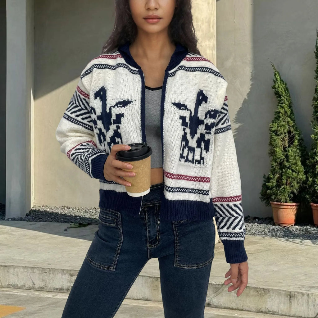 White women's zip-front cardigan with lapel collar and contrast-colour jacquard stripe pattern.