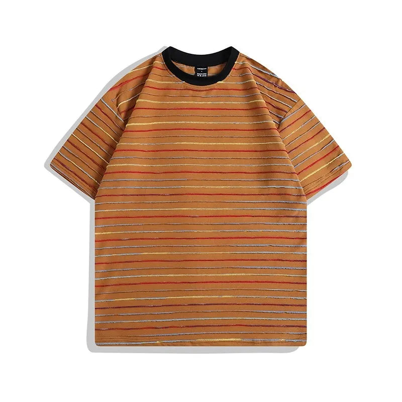 Loose fit striped half sleeve t-shirt for couples in apricot, black, grey, pink, and yellow colours.