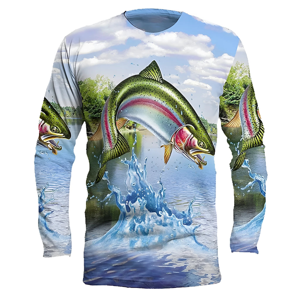 Men's grey pullover sweater with a detailed all-over fish print, featuring a round neck and long sleeves.