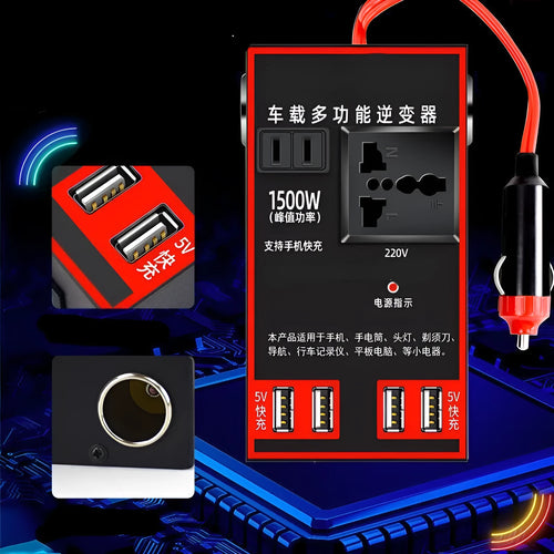Black automotive power converter converting 12V/24V vehicle battery to 220V mains electricity with sockets and USB ports