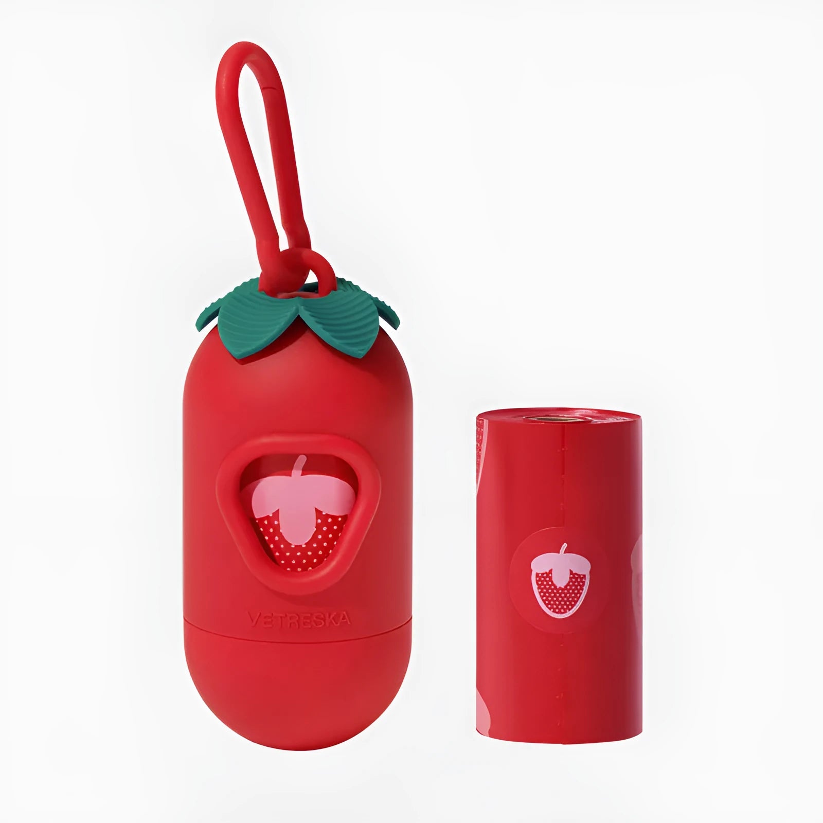Refillable plastic dog poo bag dispenser capsule with a roll of scented biodegradable bags in strawberry design.