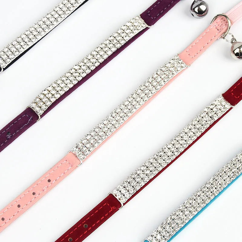 Adjustable suede velvet cat collar with rhinestone decoration in multiple colours