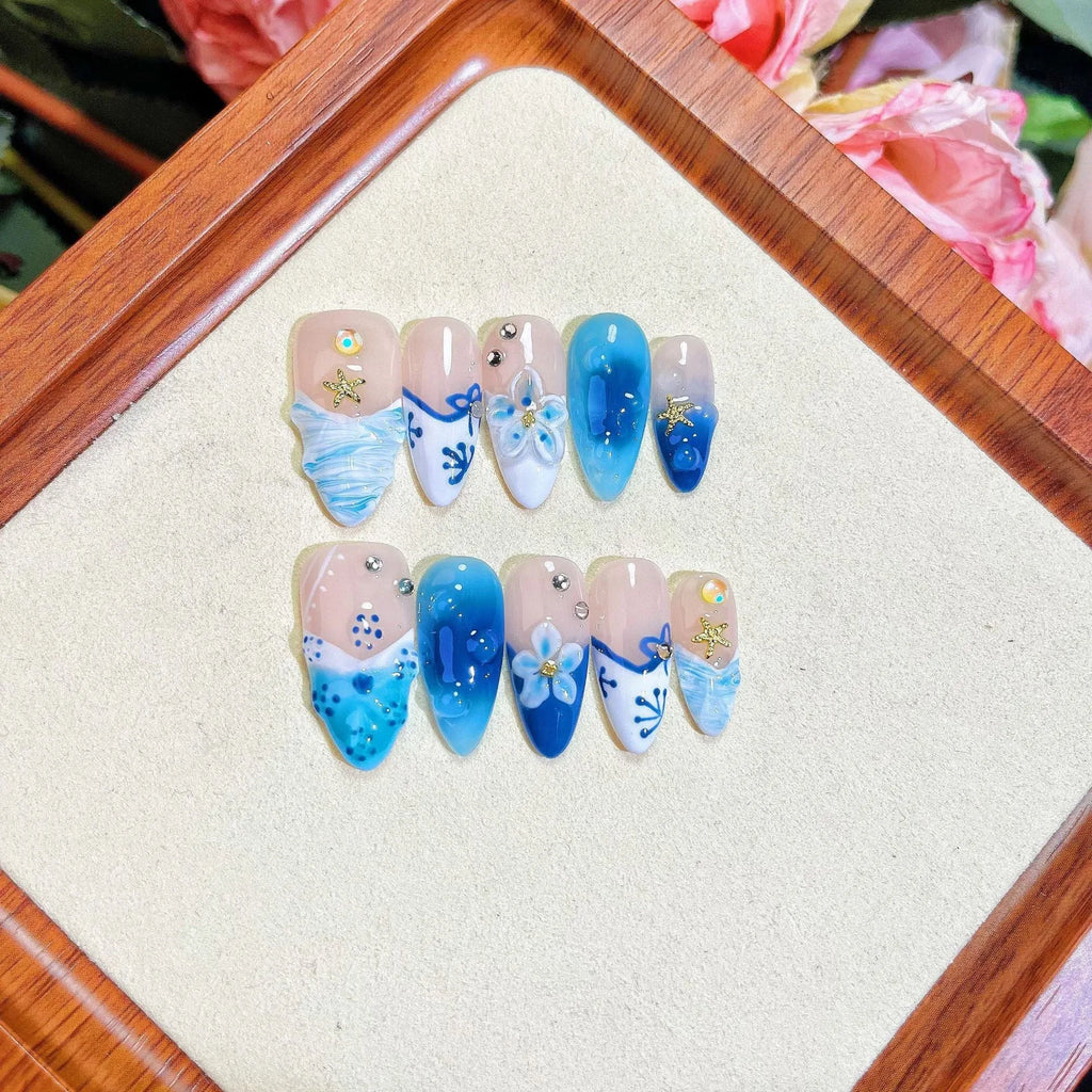 Blue hand-painted carved summer ice transparent false nails in plastic wearable armour