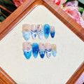 Blue hand-painted carved summer ice transparent false nails in plastic wearable armour
