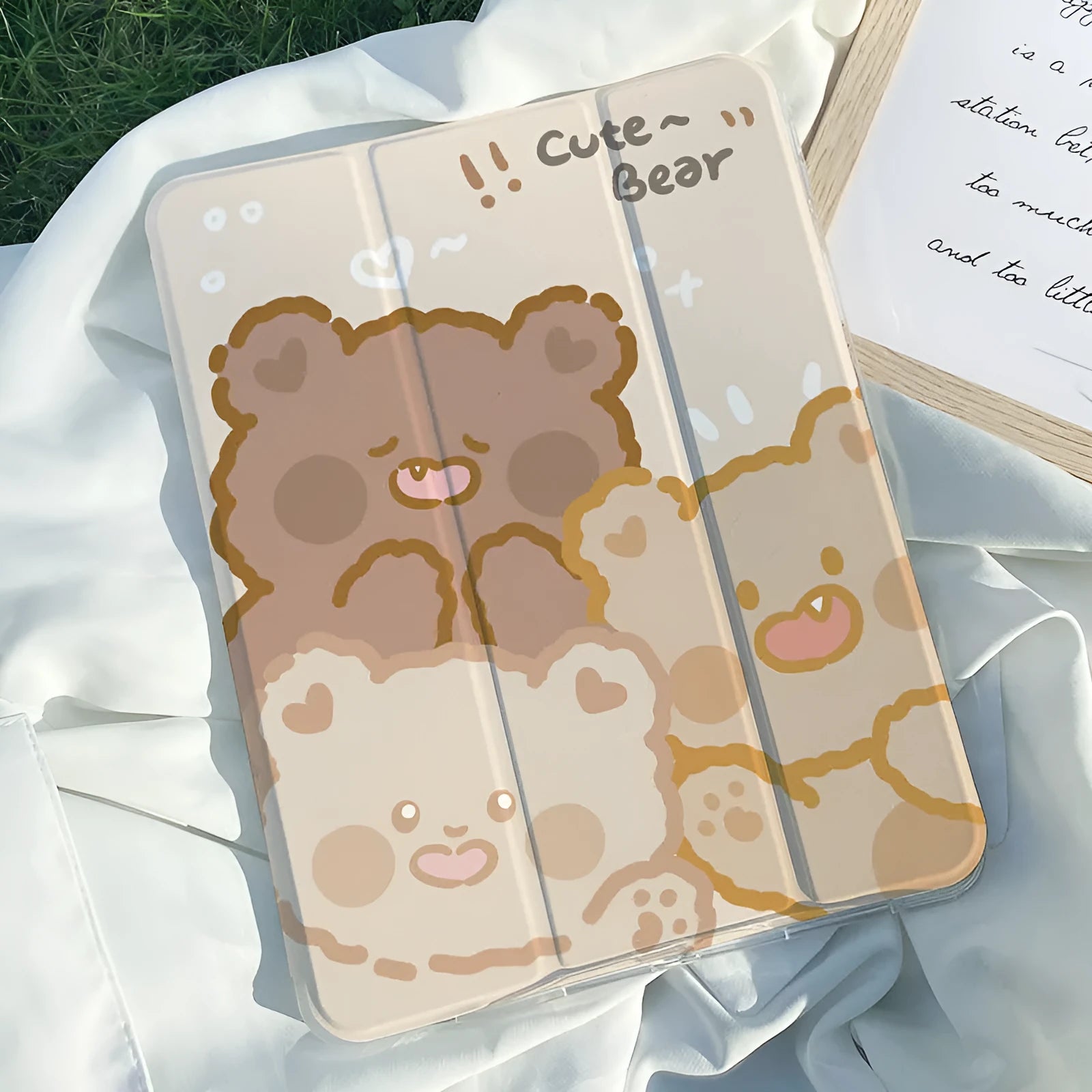 Silicone tri-fold iPad protective case with cartoon rabbit design shown open as a stand