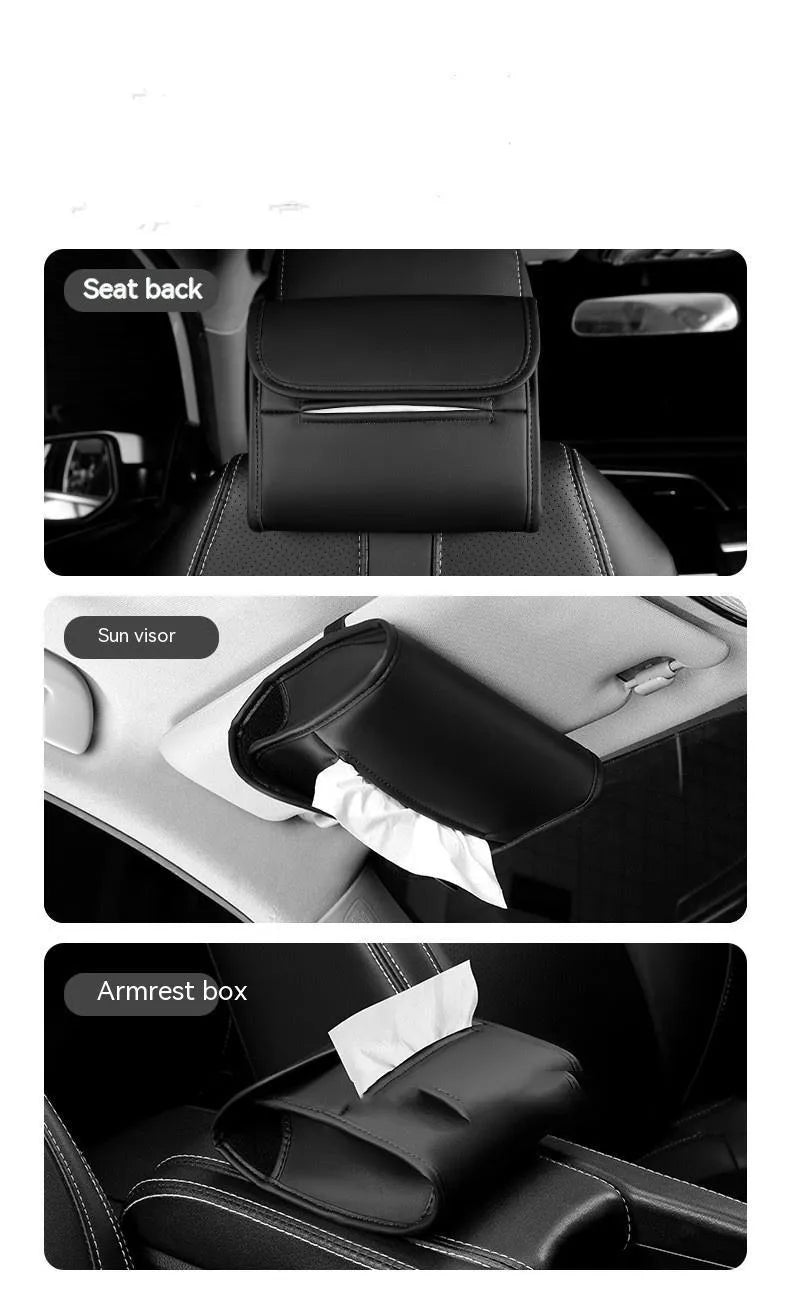 Leather car tissue box organiser with elastic band for sun visor or chair back mounting