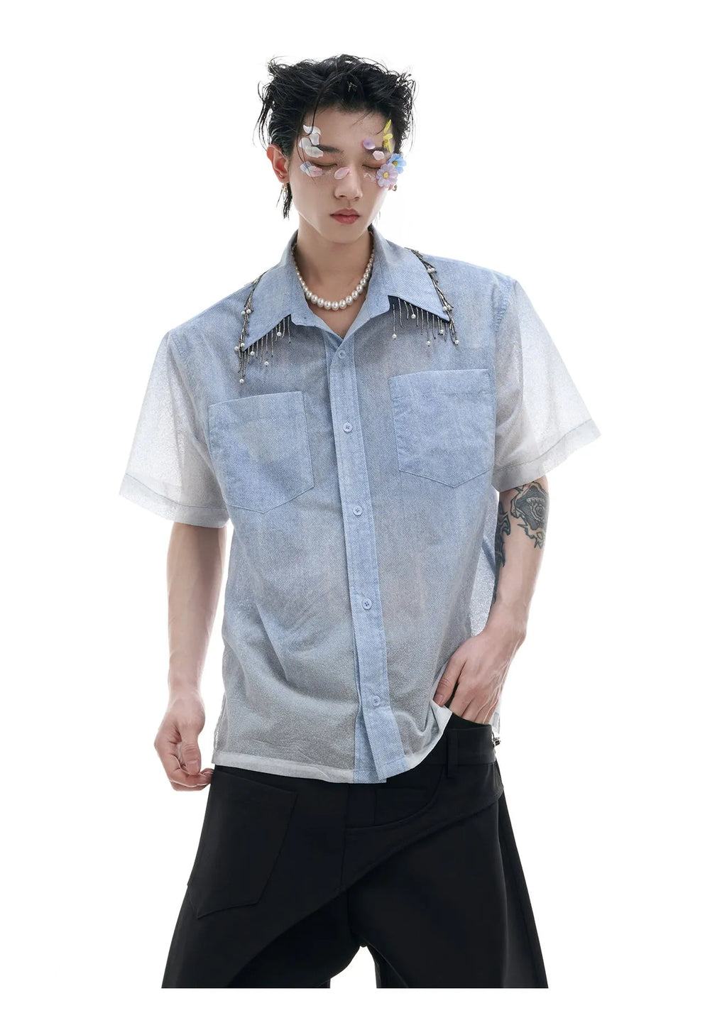 Men's blue and white gradient loose fit short sleeve shirt with quilted pattern