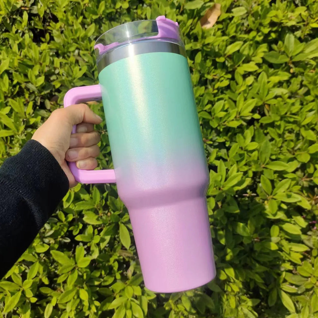 Large stainless steel vacuum insulation cup with double-layer construction in rainbow colour option