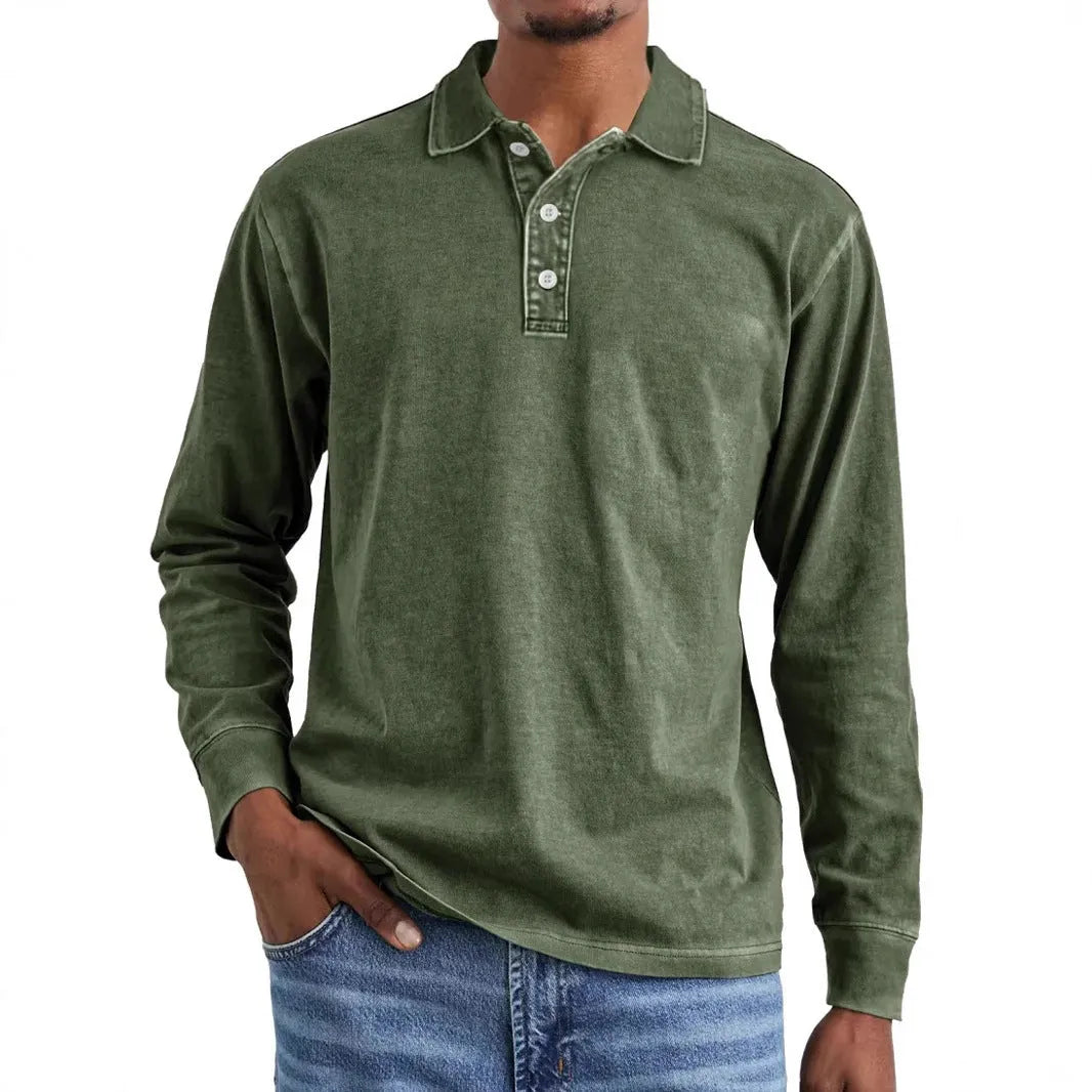 Retro washed pure cotton polo shirt with a distressed lapel and long sleeves on a hanger.