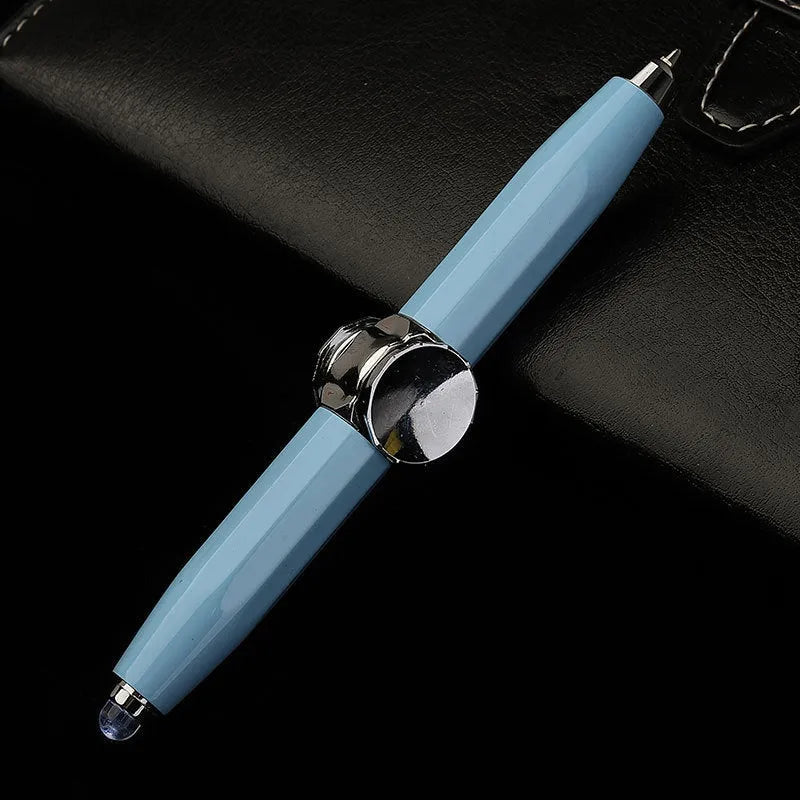 Metal ballpoint pen with a built-in fingertip gyro spinner and LED light, shown in multiple ink colour options.