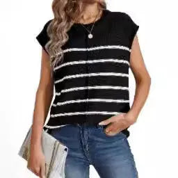Women's striped sleeveless pullover vest top in apricot colour with visible seam bone stitching