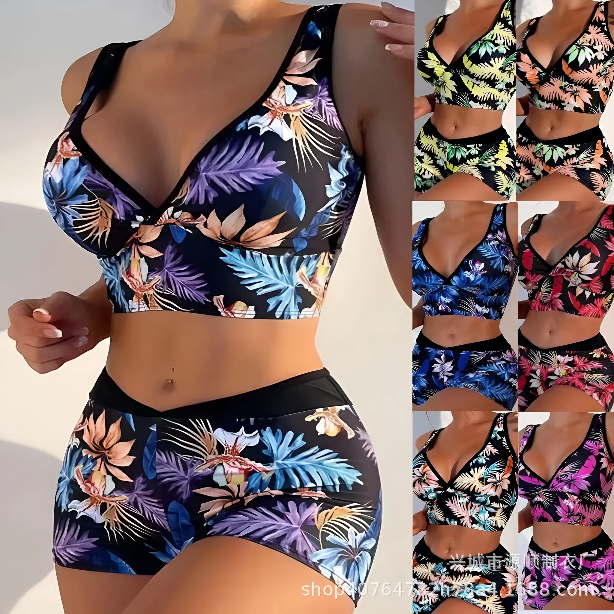 Women's two-piece sleeveless swimsuit with boxer shorts in a multi-colour print.