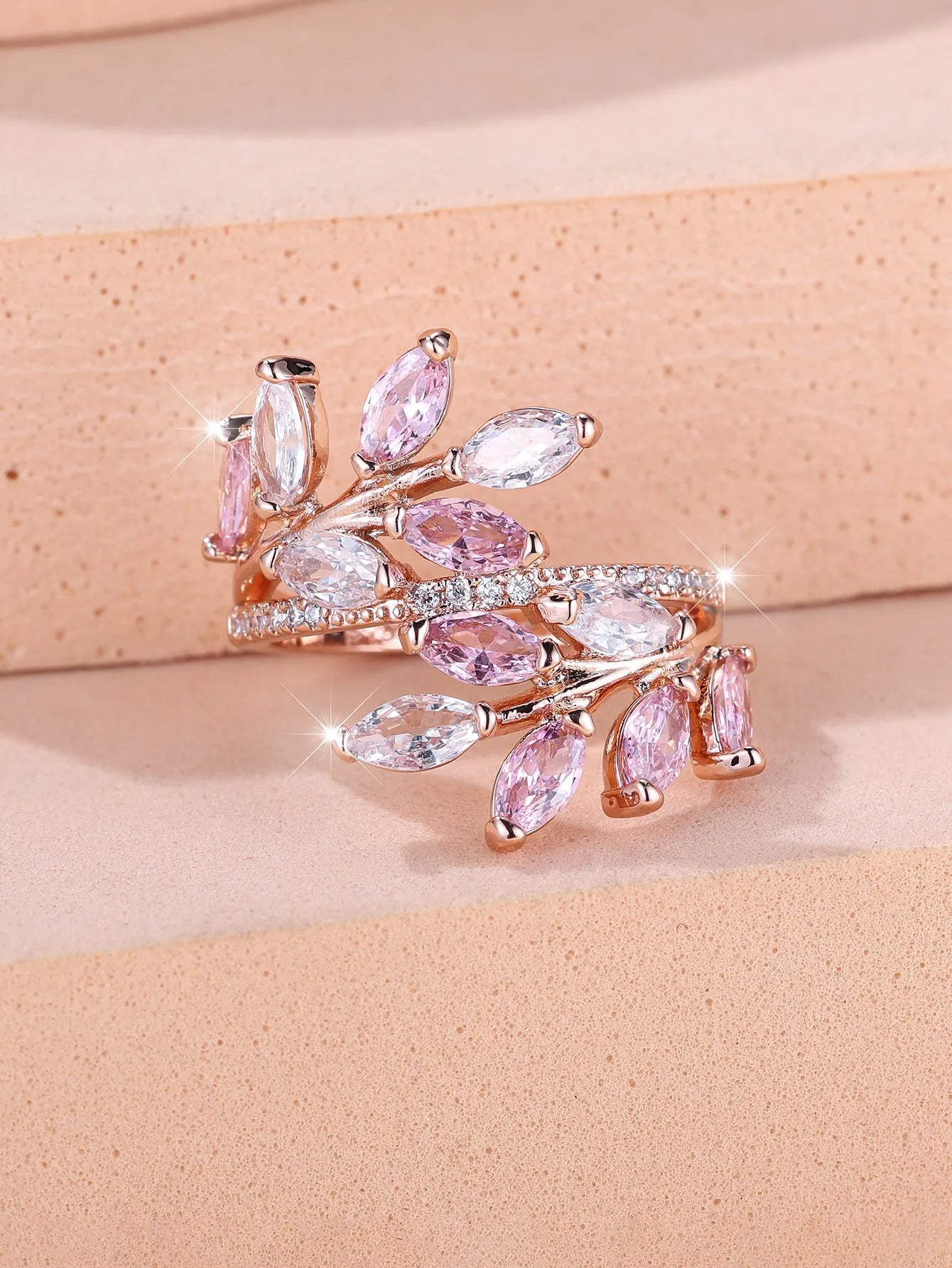 Adjustable horse eye zircon leaf fashion ring in copper with multiple colour options