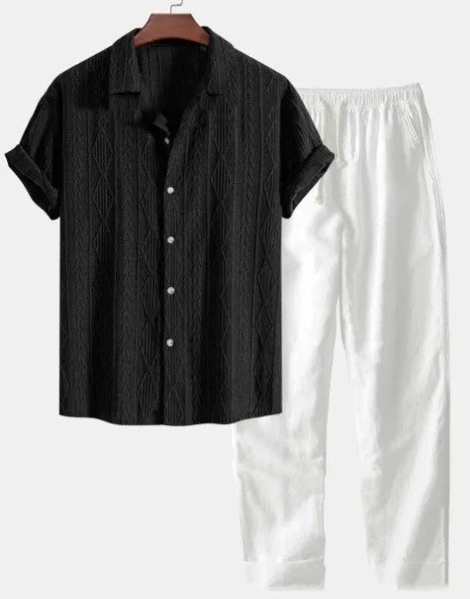 Mens loose short sleeve shirt and trousers casual set in milk silk polyester fabric for summer wear