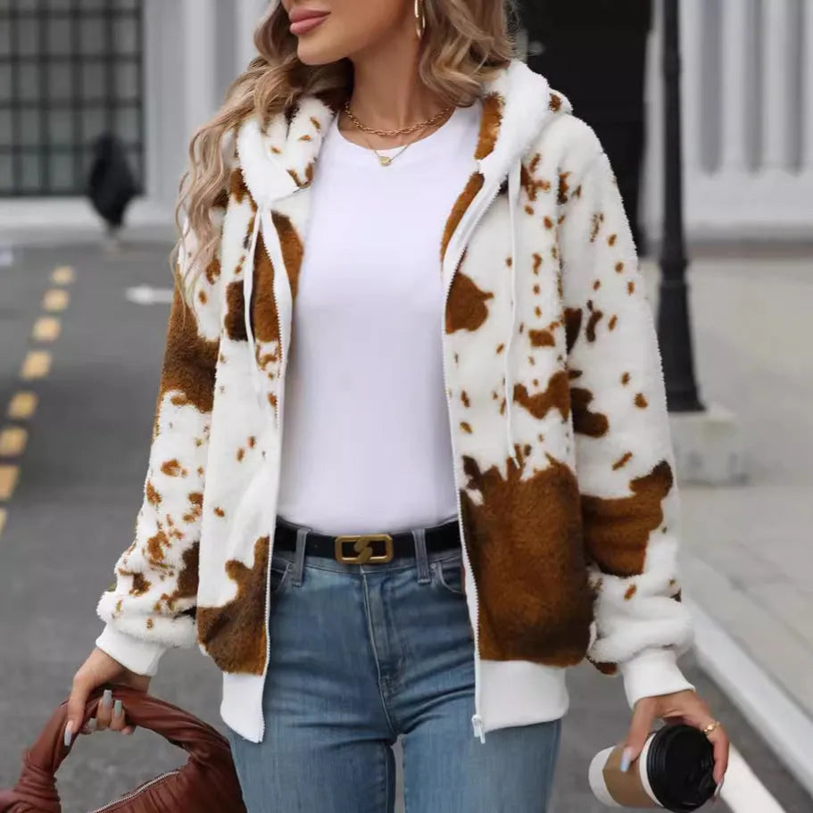 Yellow brown cow animal print hooded cardigan jacket with full zip and plush texture