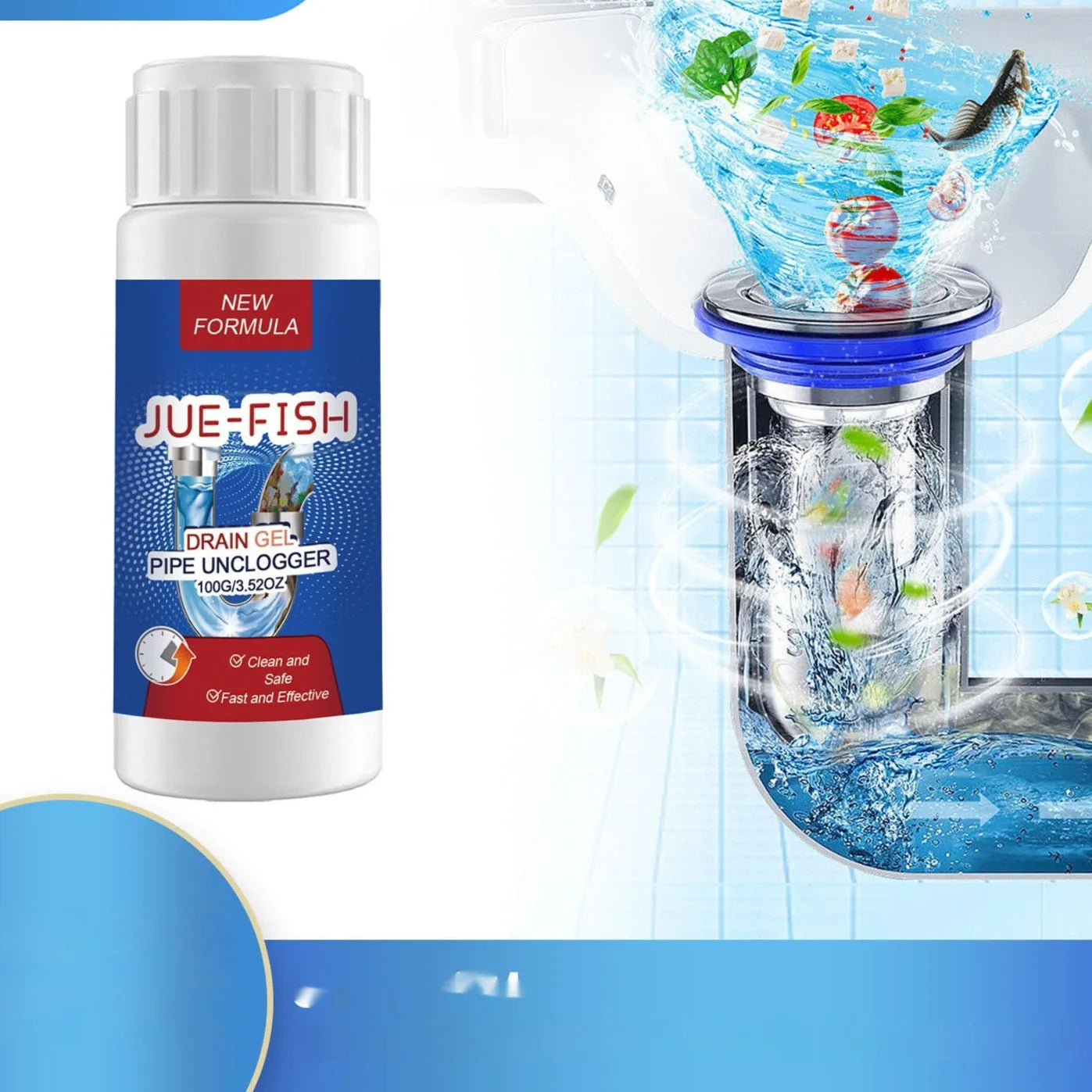 100g pipe dredge agent bottle for sewer and toilet odour cleaning, dimensions 11x4.3x4.3cm.