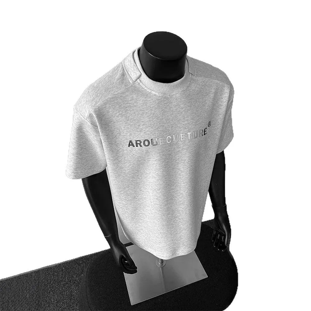 Men's white cotton short sleeve pullover shirt with regular sleeves on hanger