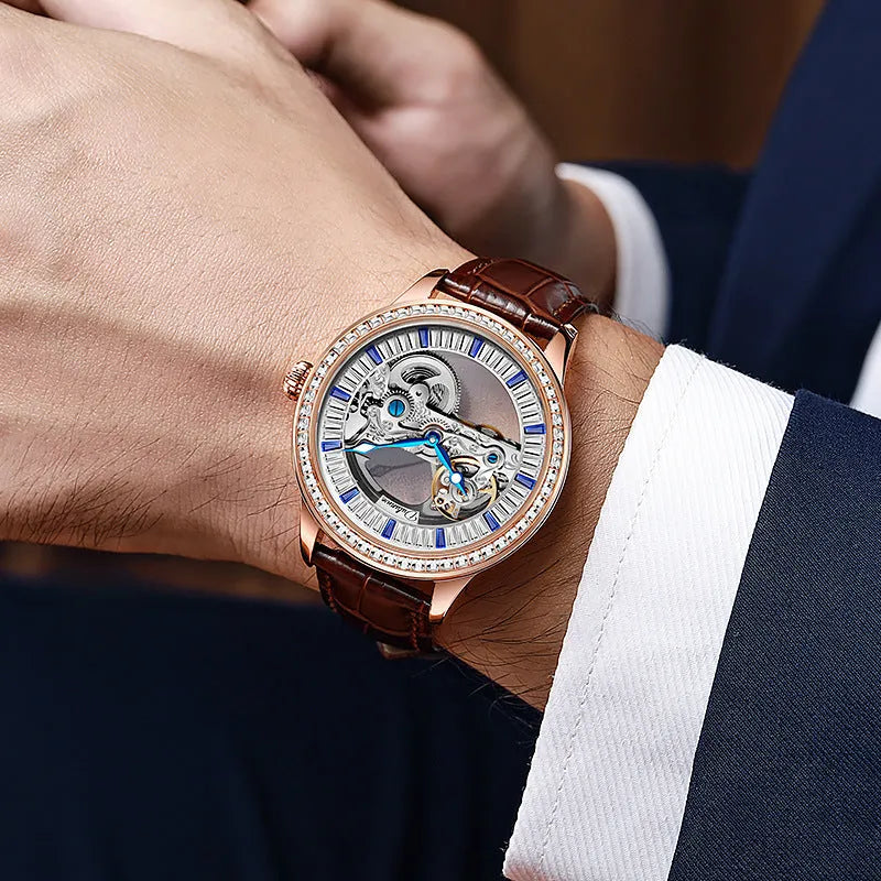 Men's mechanical watch with exhibition case back, onion crown, on a stainless steel or leather strap