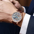 Men's mechanical watch with exhibition case back, onion crown, on a stainless steel or leather strap