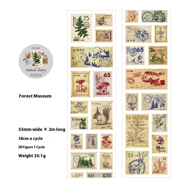 Roll of retro-patterned coated paper stamp for journal decoration, showing butterfly, forest, bird and mushroom design options.