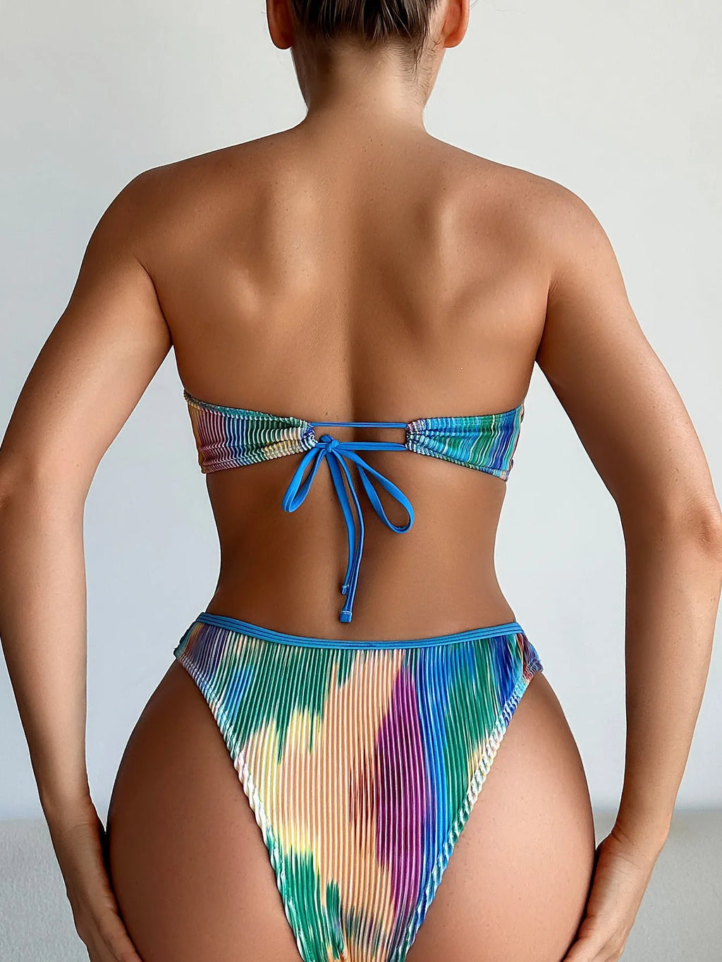 Colour printed women's tube top bikini swimsuit with matching briefs.