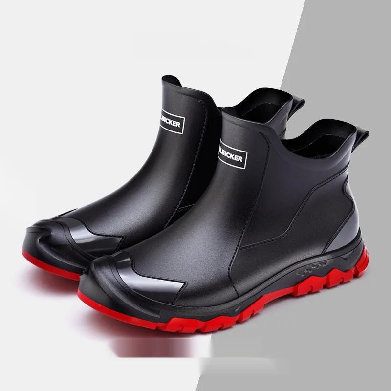 Korean-style PVC short tube rain boots with non-slip plastic soles in black-red colour combination