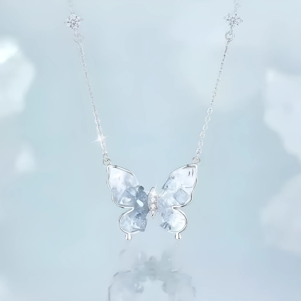 Silver butterfly necklace with adjustable O-ring chain showing ice rain butterfly pendant on S925 silver