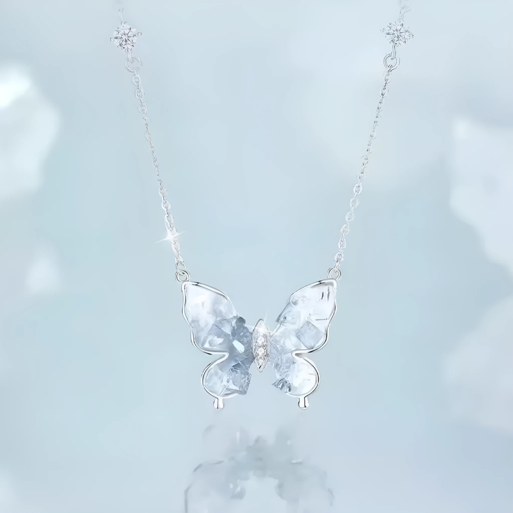 Silver butterfly necklace with adjustable O-ring chain showing ice rain butterfly pendant on S925 silver