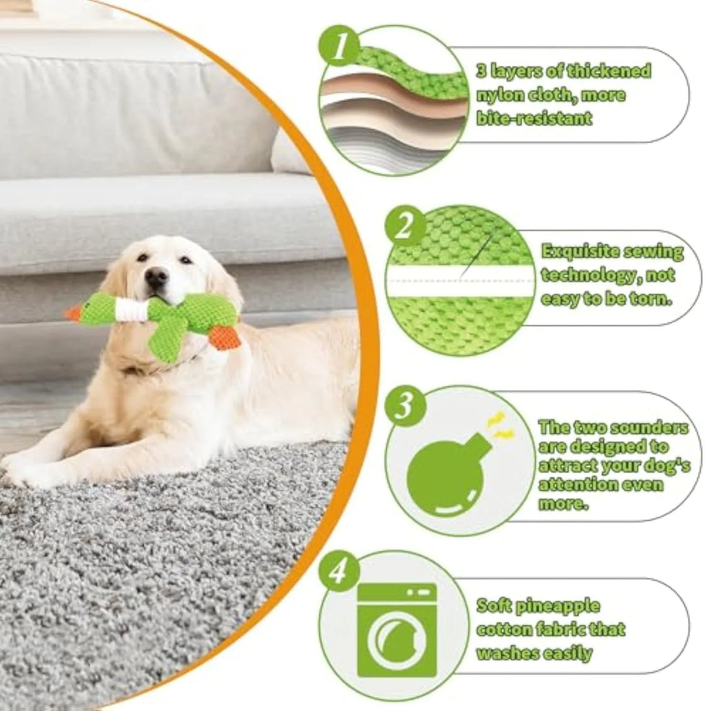 Blue duck-shaped plush dog toy with squeakers for chewing and play