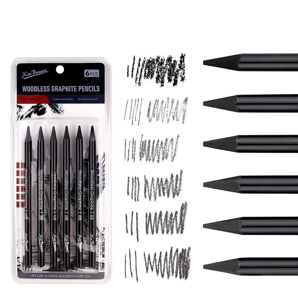 Set of six graphite sketching pencils for art, showing wood-free full lead construction.
