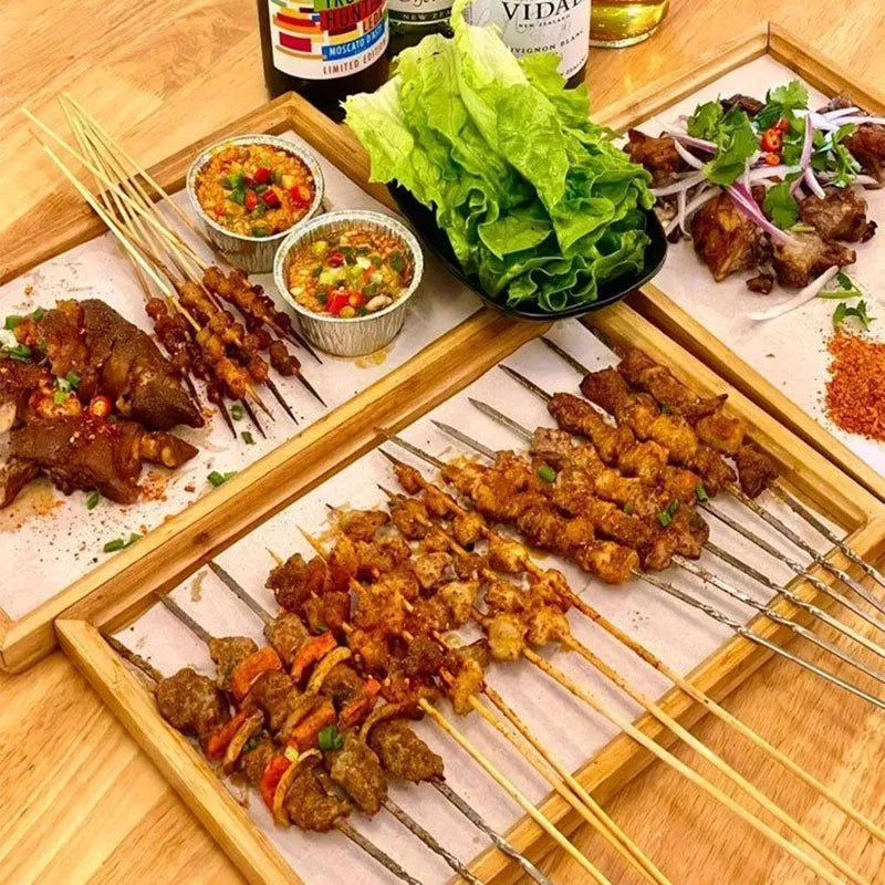 Brown handle bamboo barbecue serving tray square shape for hotel dining and coffee shops