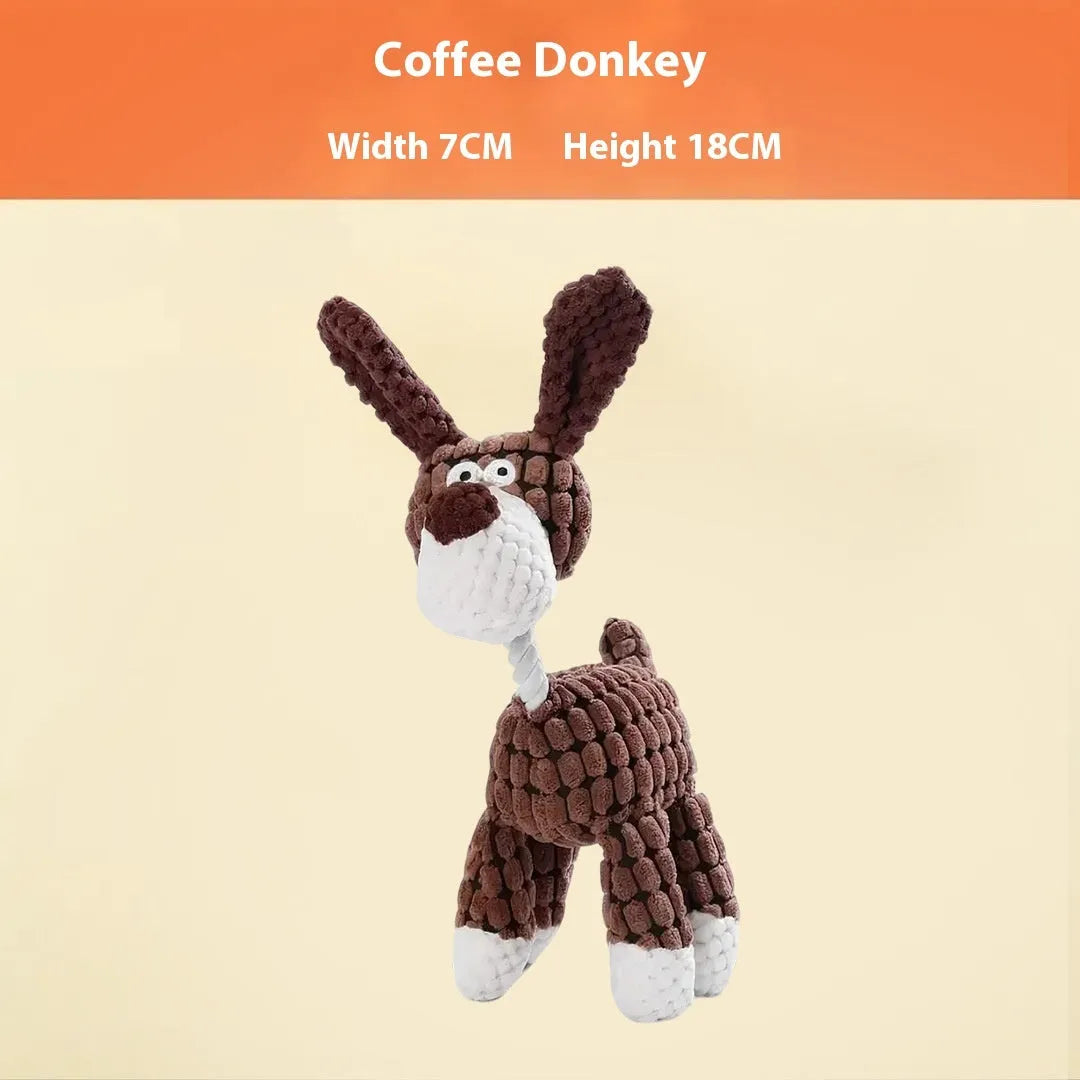 Bite-resistant puppy plush toy collection showing rechargeable duck, donkey, elephant, and dog styles