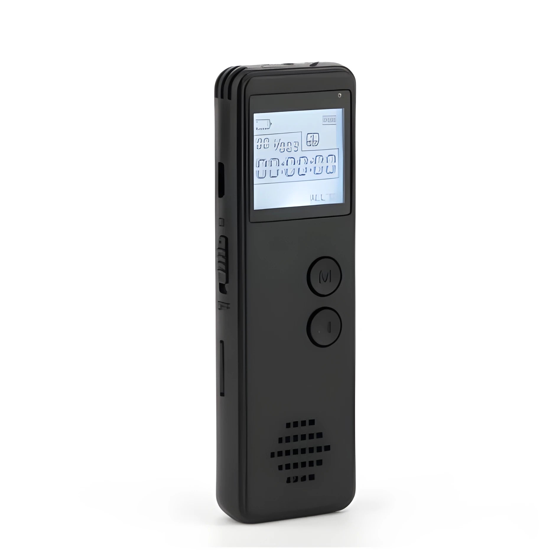 Black MP3 digital voice recorder with display screen measuring 88mm × 33mm × 12.5mm