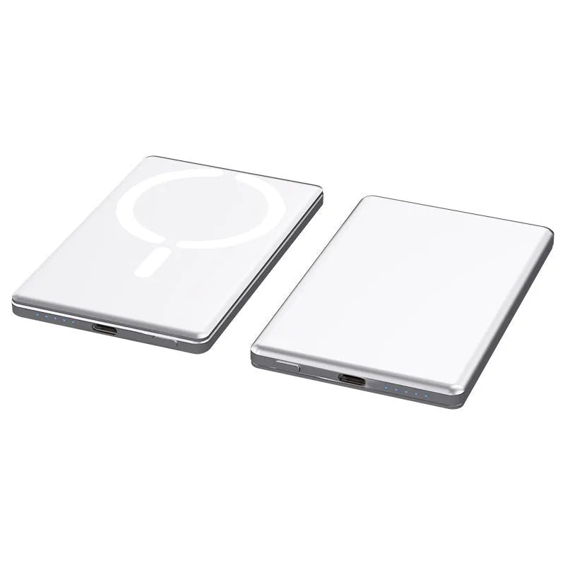 Ultra-thin magnetic power bank in dark grey, silver, black, or violet colours with compact 105x66x9mm dimensions