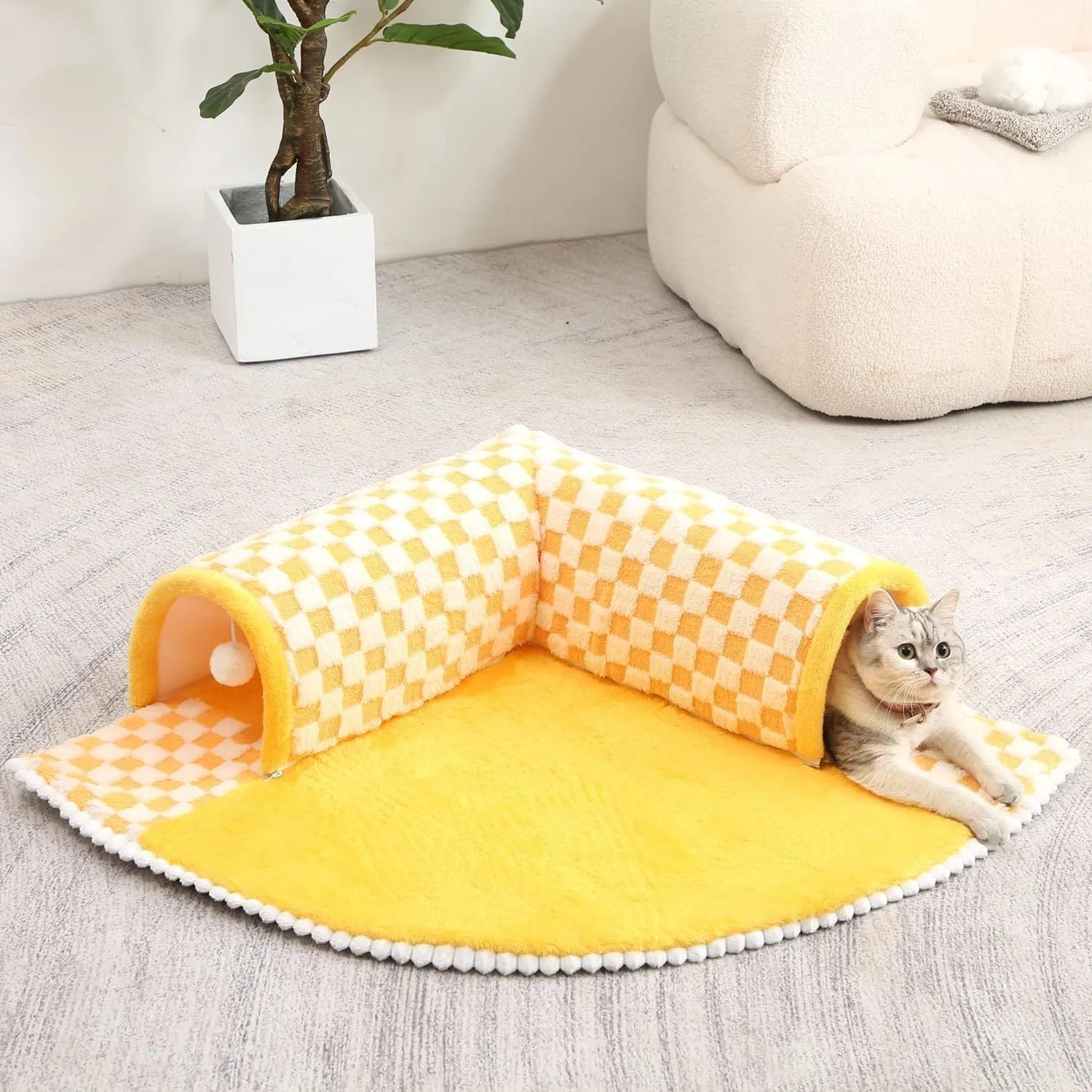 Coffee-coloured plush pet bed with integrated tunnel and anti-slip base for dogs and cats