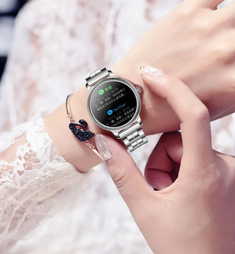 AK38 ladies smart watch with stainless steel strap and 1.09 inch colour touchscreen display