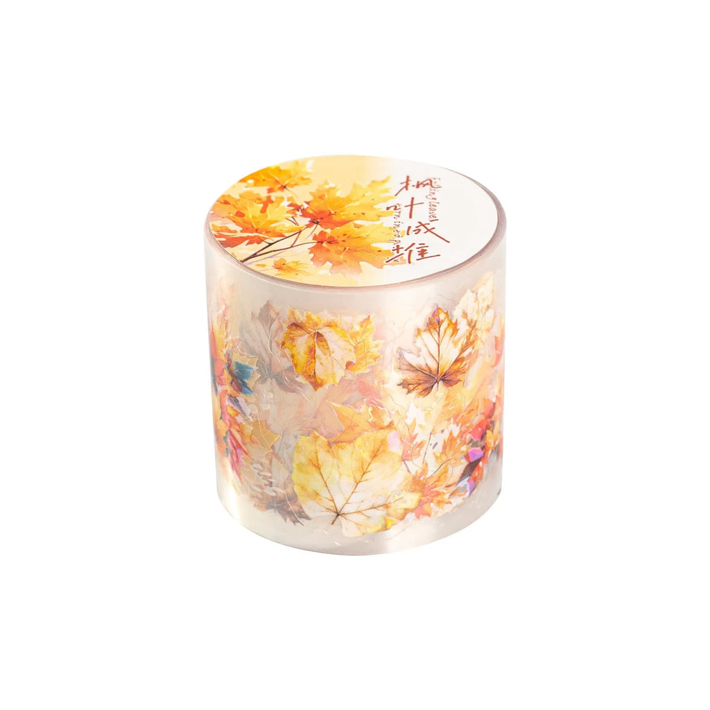 Six rolls of nature-themed decorative stickers showing gentle ginkgo, maple leaf, and blue fallen leaves designs.