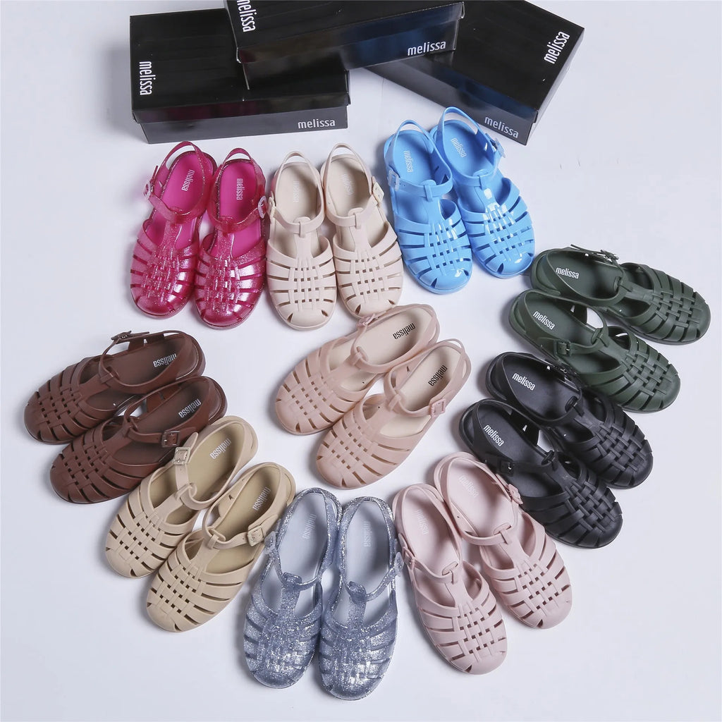 Vintage weave Roman sandals in PVC with buckle fastener, shown in a choice of ten colours.