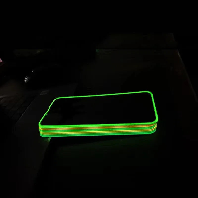 Fluorescent tempered glass screen protector for iPhone showing luminous pink, yellow, green, blue and grass green colour options.