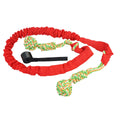 A thick woven cotton dog tug of war rope toy in red, held at both ends.