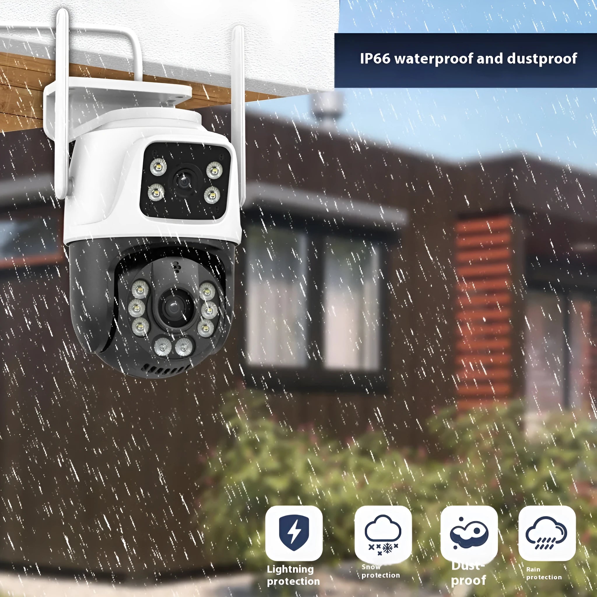 Wireless dual-screen security camera unit for remote home and outdoor monitoring.