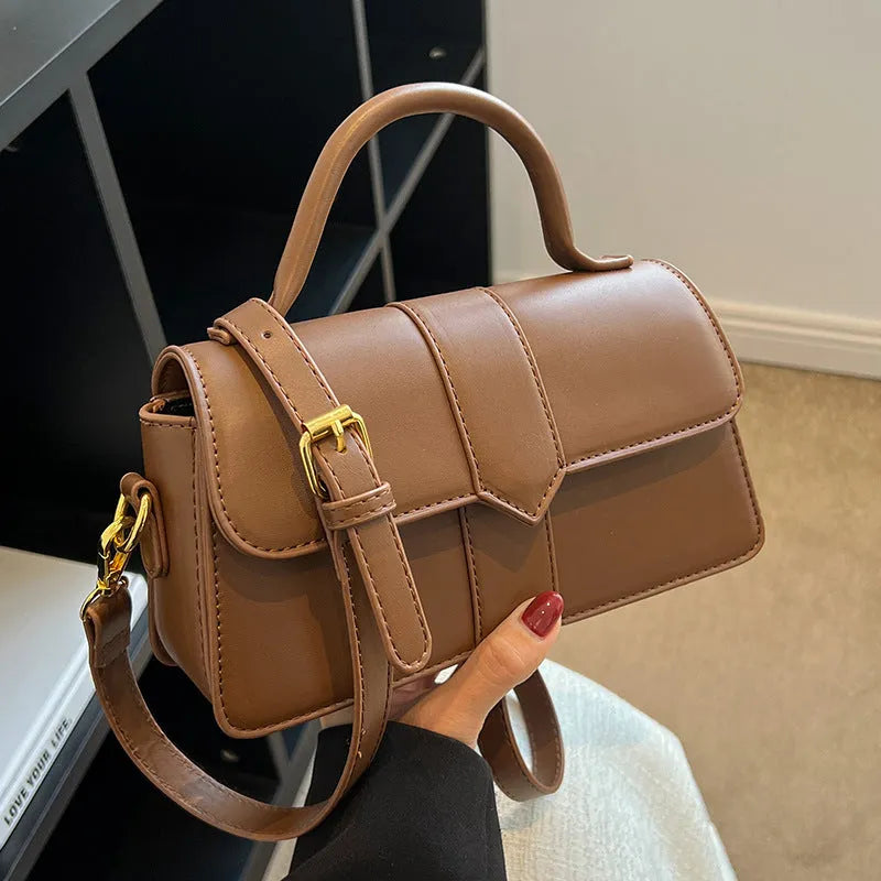 Women's beige PU messenger bag with file compartment showing dimensions of 22cm width by 13cm height