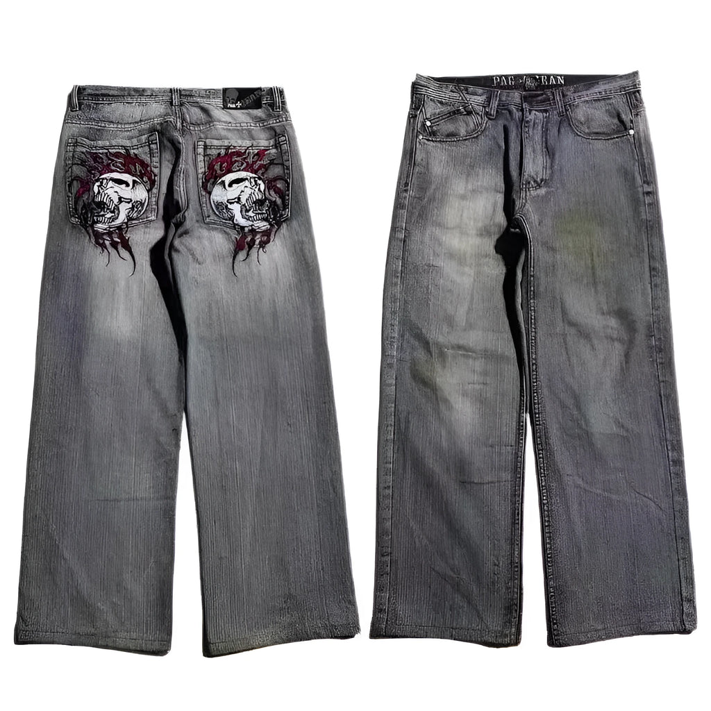 Men's grey washed-out denim jeans with wide-leg workwear design and straight-leg style