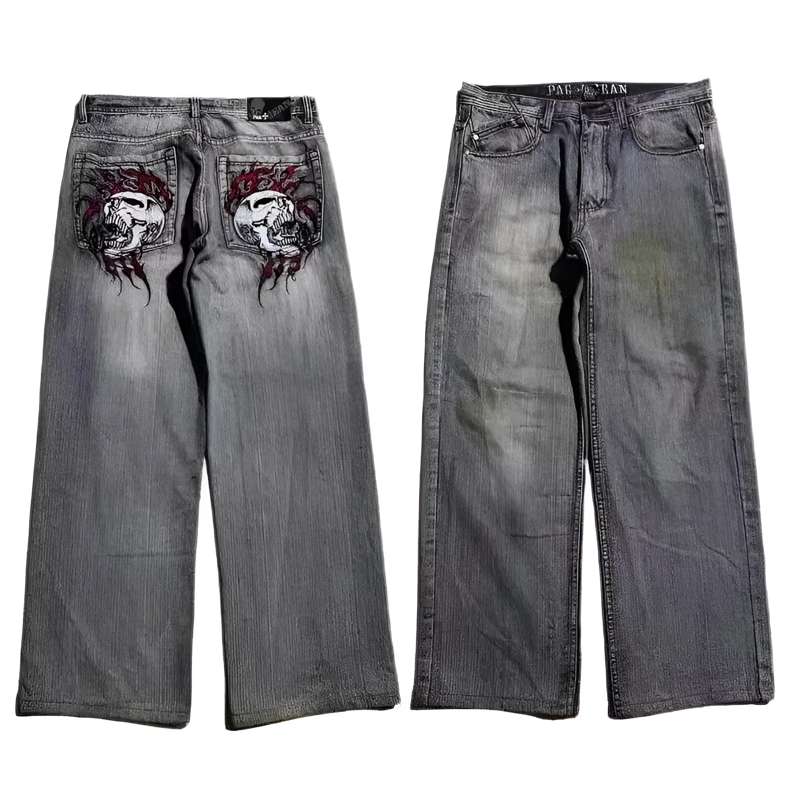 Men's grey washed-out denim jeans with wide-leg workwear design and straight-leg style