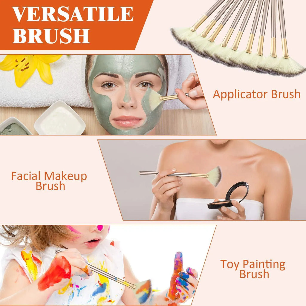 Ten champagne-coloured facial fan brushes with acrylic handles and protective covers laid out.