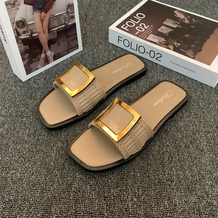 Women's summer flat slippers in apricot colour with PVC sole