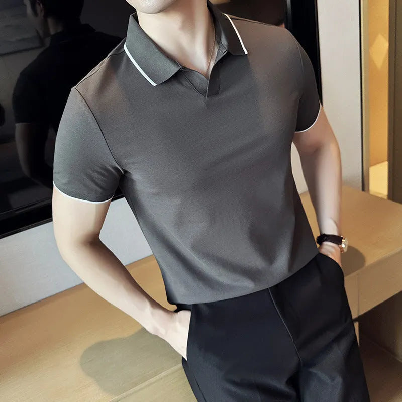 Men's solid colour short sleeve polo shirt in a cotton blend, shown in apricot colour.